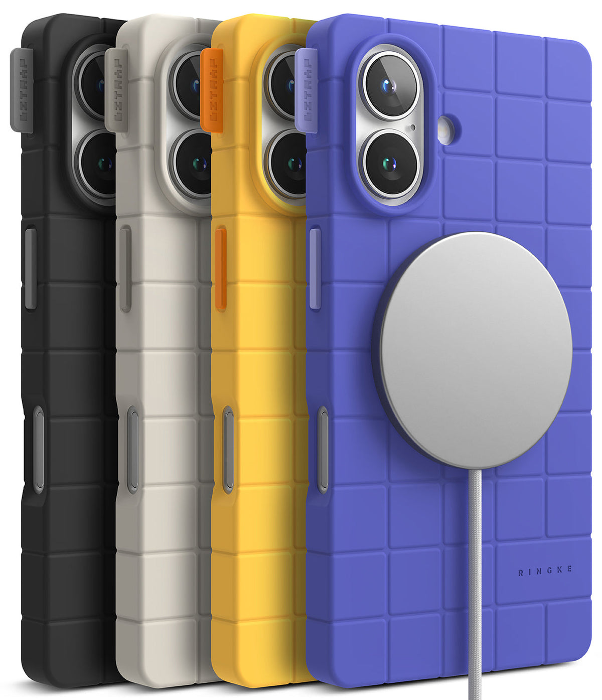 iPhone 16 Case | Bitmap Silicone Magnetic - Four grid-patterned silicone phone cases in black, white, yellow, and blue with a magnetic charger.