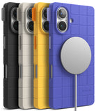 iPhone 16 Case | Bitmap Silicone Magnetic - Four grid-patterned silicone phone cases in black, white, yellow, and blue with a magnetic charger.