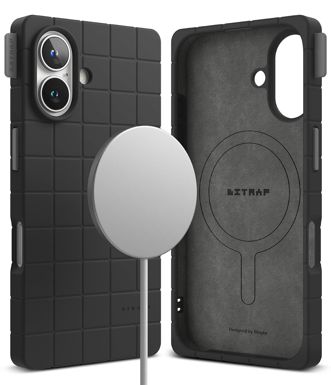 iPhone 16 Case | Bitmap Silicone Magnetic - Black grid-patterned phone case with magnetic charger and interior view.