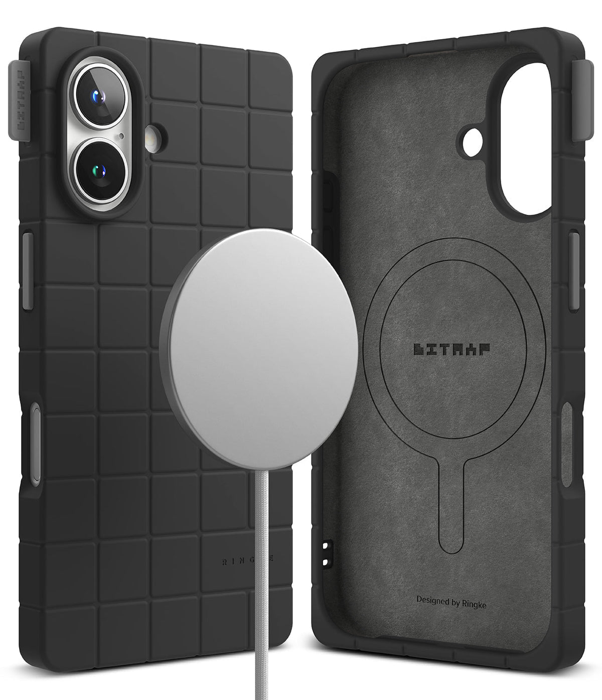 iPhone 16 Case | Bitmap Silicone Magnetic - Black grid-patterned phone case with magnetic charger and interior view.