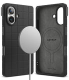 iPhone 16 Case | Bitmap Silicone Magnetic - Black grid-patterned phone case with magnetic charger and interior view.