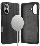 iPhone 16 Case | Bitmap Silicone Magnetic - Black grid-patterned phone case with magnetic charger and interior view.