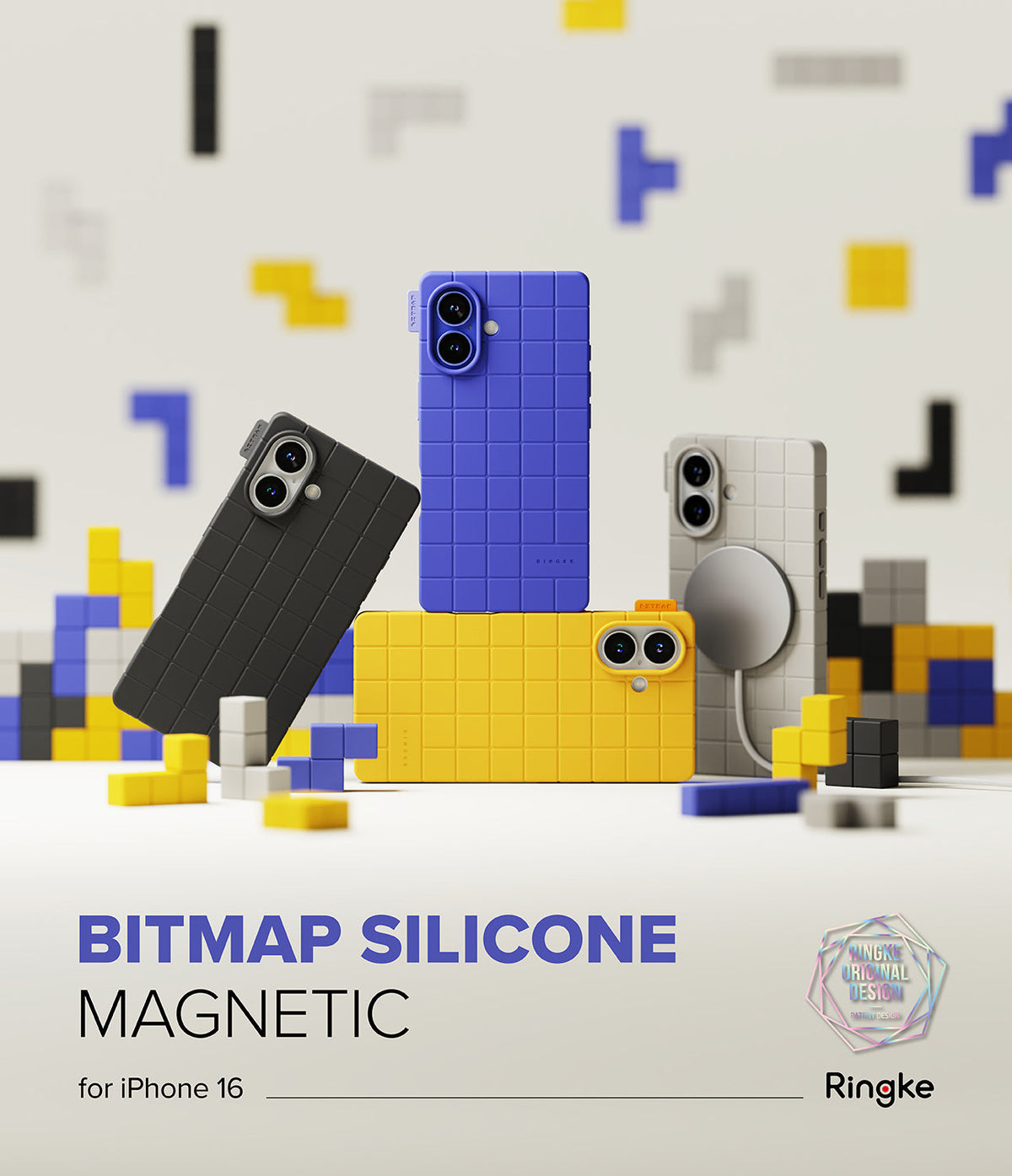 iPhone 16 Case | Bitmap Silicone Magnetic - Four grid-patterned iPhone 16 cases in black, blue, yellow, and grey with magnetic charger.