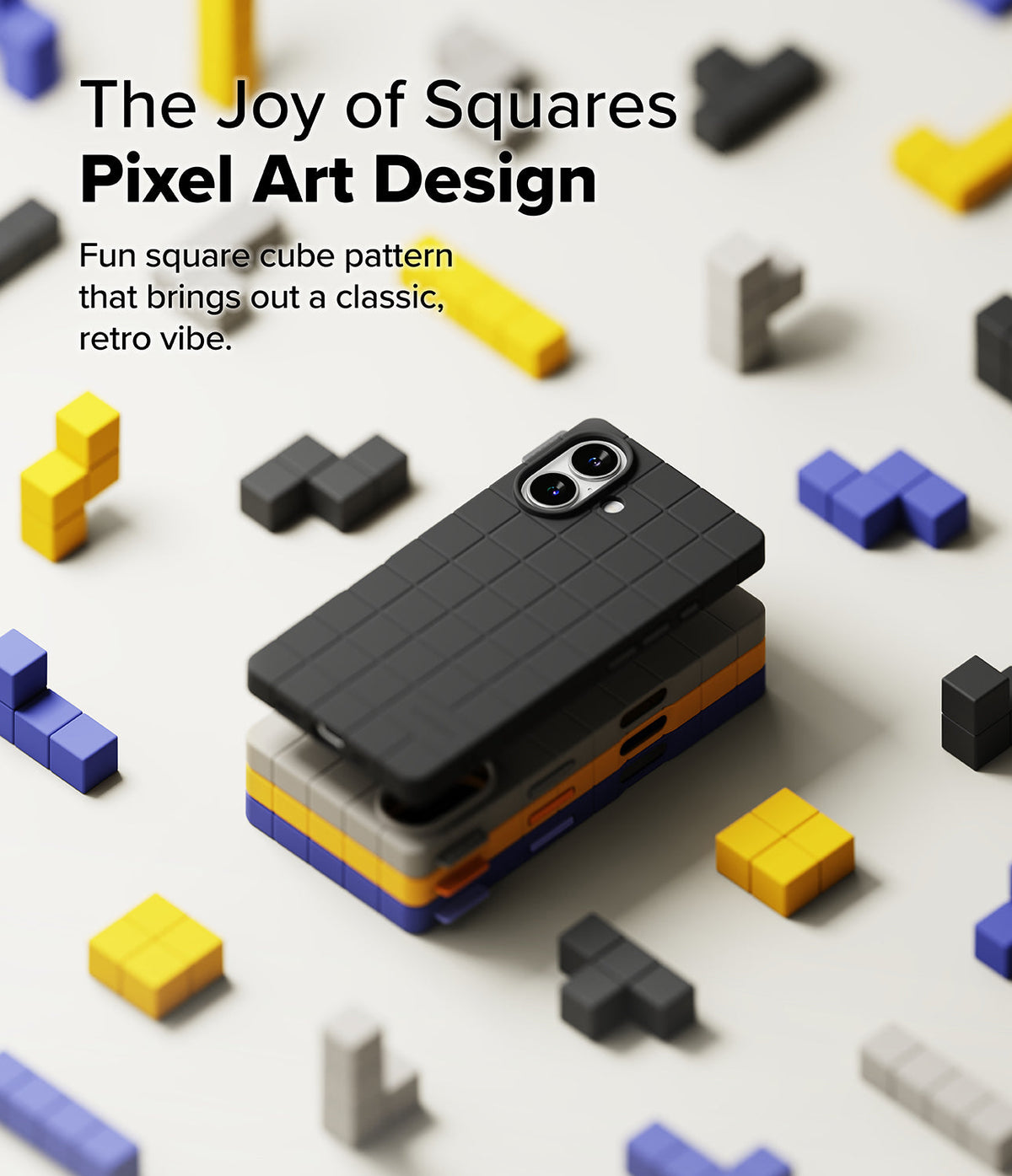 iPhone 16 Case | Bitmap Silicone Magnetic - Black grid-patterned phone case stacked on colorful pixel blocks.