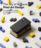 iPhone 16 Case | Bitmap Silicone Magnetic - Black grid-patterned phone case stacked on colorful pixel blocks.