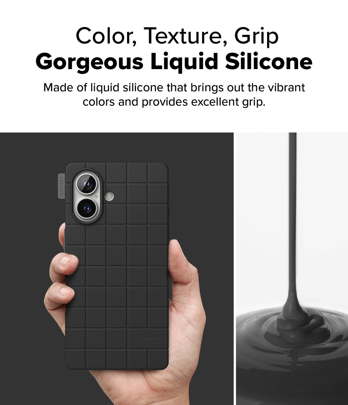 iPhone 16 Case | Bitmap Silicone Magnetic - Hand holding a black grid-patterned phone case next to liquid silicone.