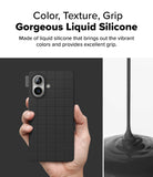 iPhone 16 Case | Bitmap Silicone Magnetic - Hand holding a black grid-patterned phone case next to liquid silicone.