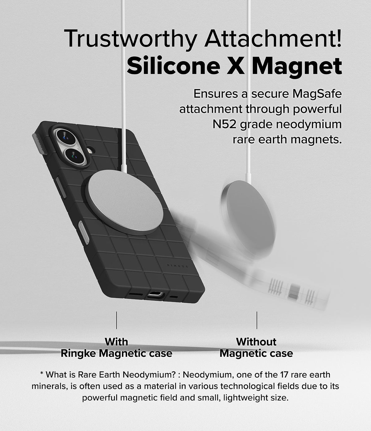 iPhone 16 Case | Bitmap Silicone Magnetic - Comparison showing a magnetic charger attached to a case versus falling off.