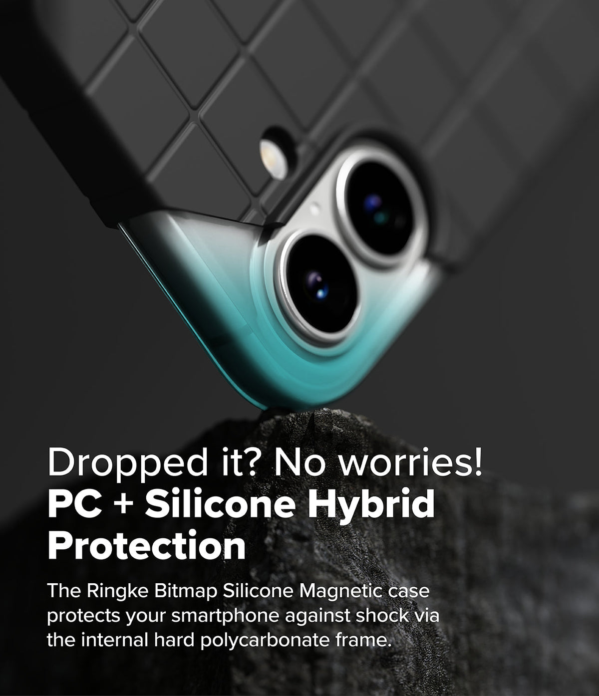 iPhone 16 Case | Bitmap Silicone Magnetic - Close-up of a black grid-patterned phone case resting on a dark rock surface.