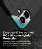 iPhone 16 Case | Bitmap Silicone Magnetic - Close-up of a black grid-patterned phone case resting on a dark rock surface.