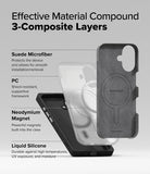 iPhone 16 Case | Bitmap Silicone Magnetic - Exploded view showing three layers: suede lining, PC frame, and silicone shell.