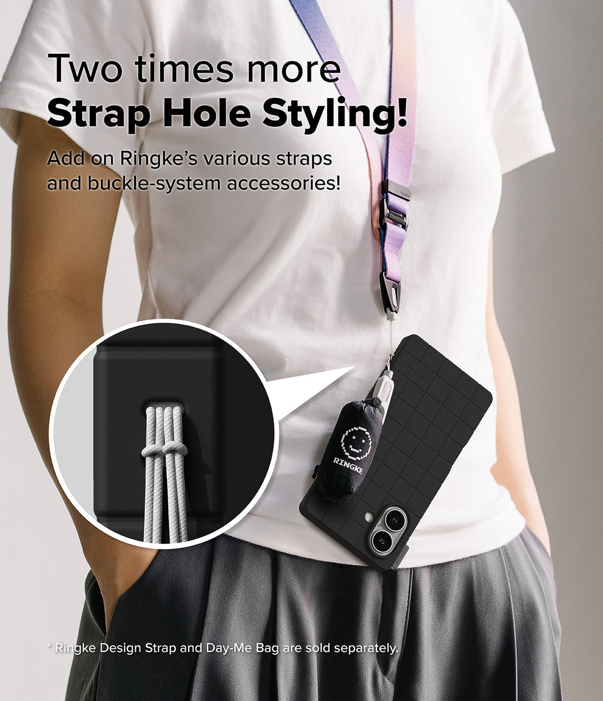 iPhone 16 Case | Bitmap Silicone Magnetic - Person wearing a black grid-patterned phone case with a strap and charm.