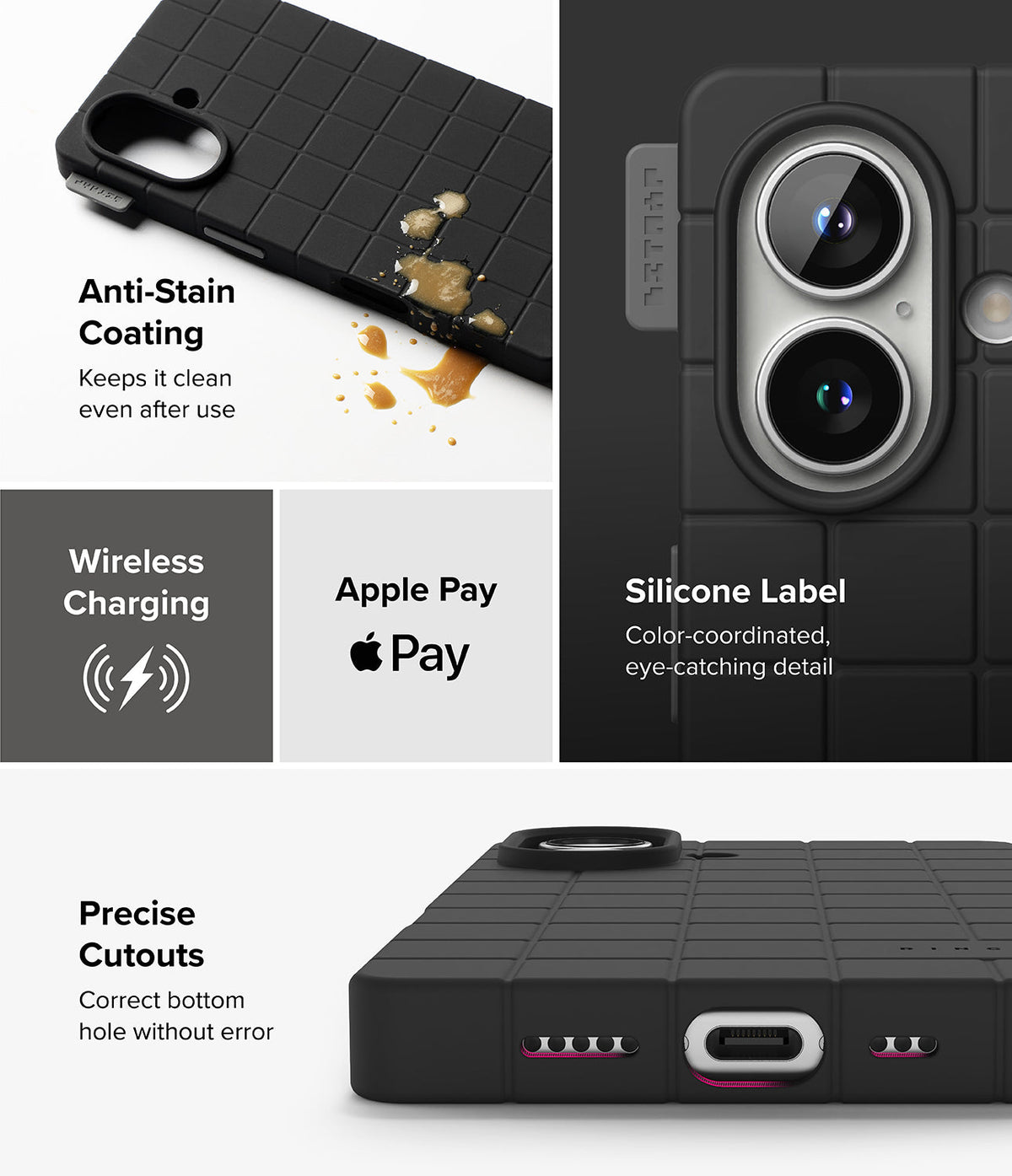 iPhone 16 Case | Bitmap Silicone Magnetic - Features grid-pattern black case with anti-stain coating, magnetic charging, and precise cutouts.