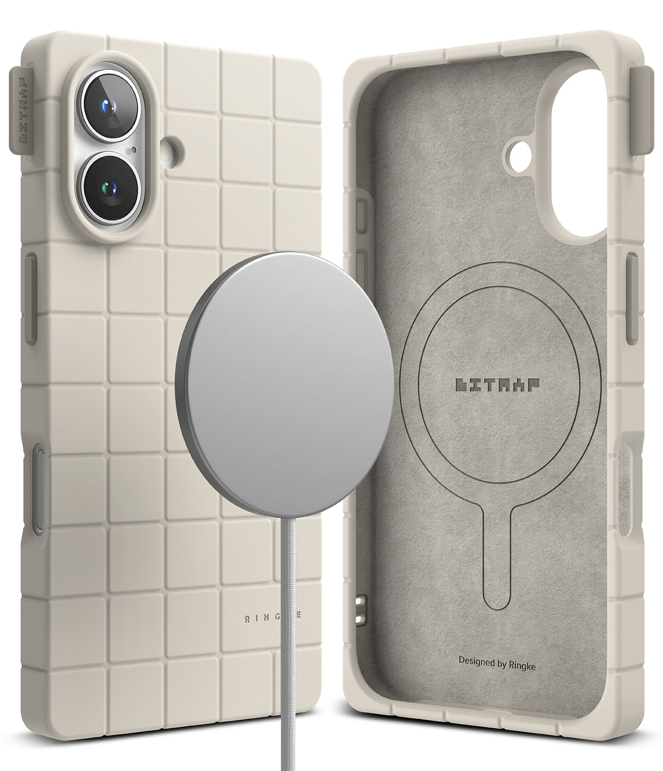 iPhone 16 Case | Bitmap Silicone Magnetic - Off-white grid-patterned phone case with magnetic charger and interior.