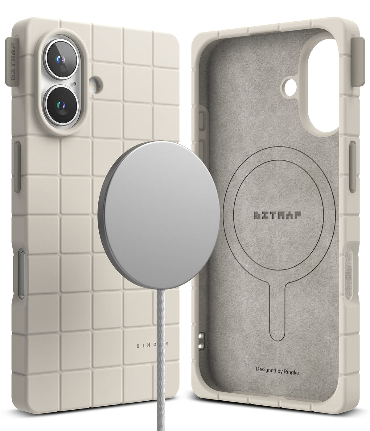 iPhone 16 Case | Bitmap Silicone Magnetic - Off-white grid-patterned phone case with magnetic charger and interior.