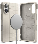 iPhone 16 Case | Bitmap Silicone Magnetic - Off-white grid-patterned phone case with magnetic charger and interior.