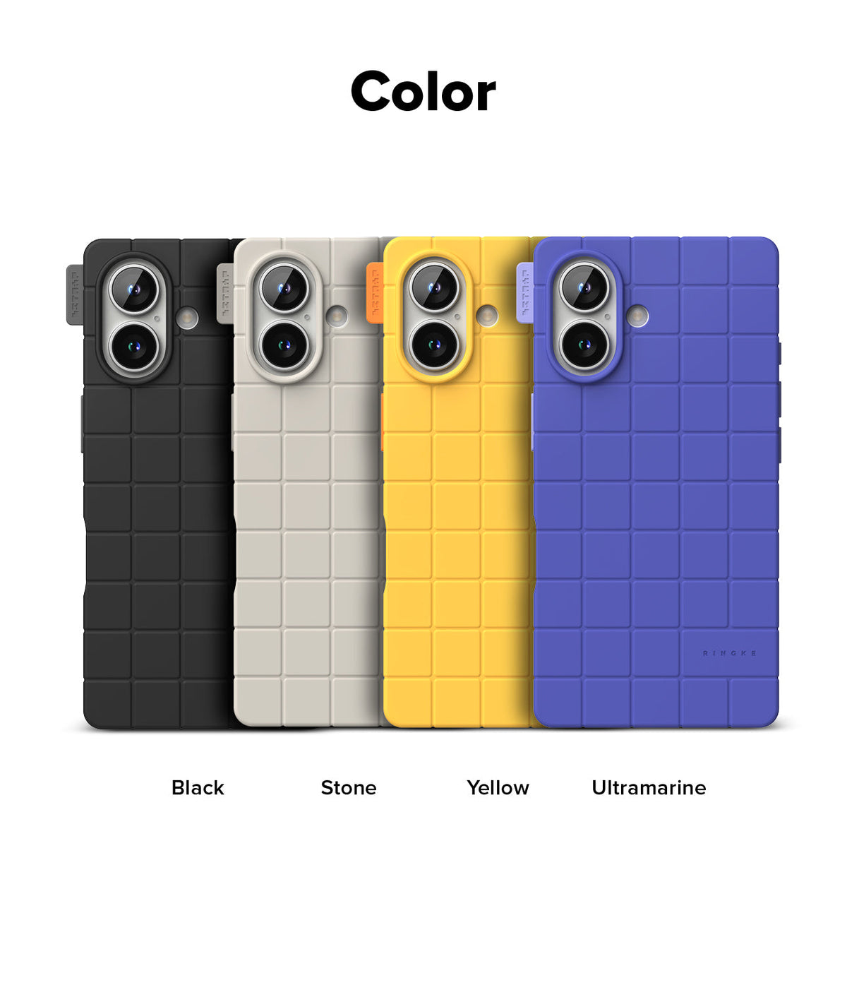 iPhone 16 Case | Bitmap Silicone Magnetic - Four iPhone 16 cases in black, stone, yellow, and ultramarine with a grid pattern.