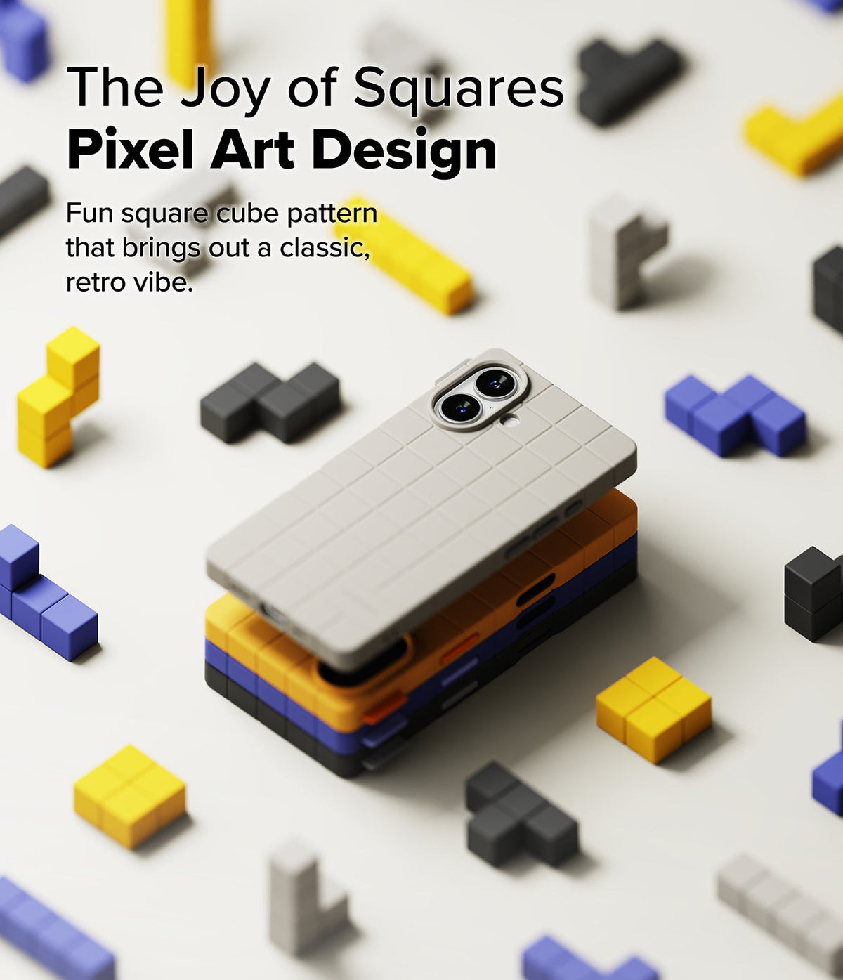 iPhone 16 Case | Bitmap Silicone Magnetic - Stacked pixel-patterned phone cases surrounded by colorful block shapes.