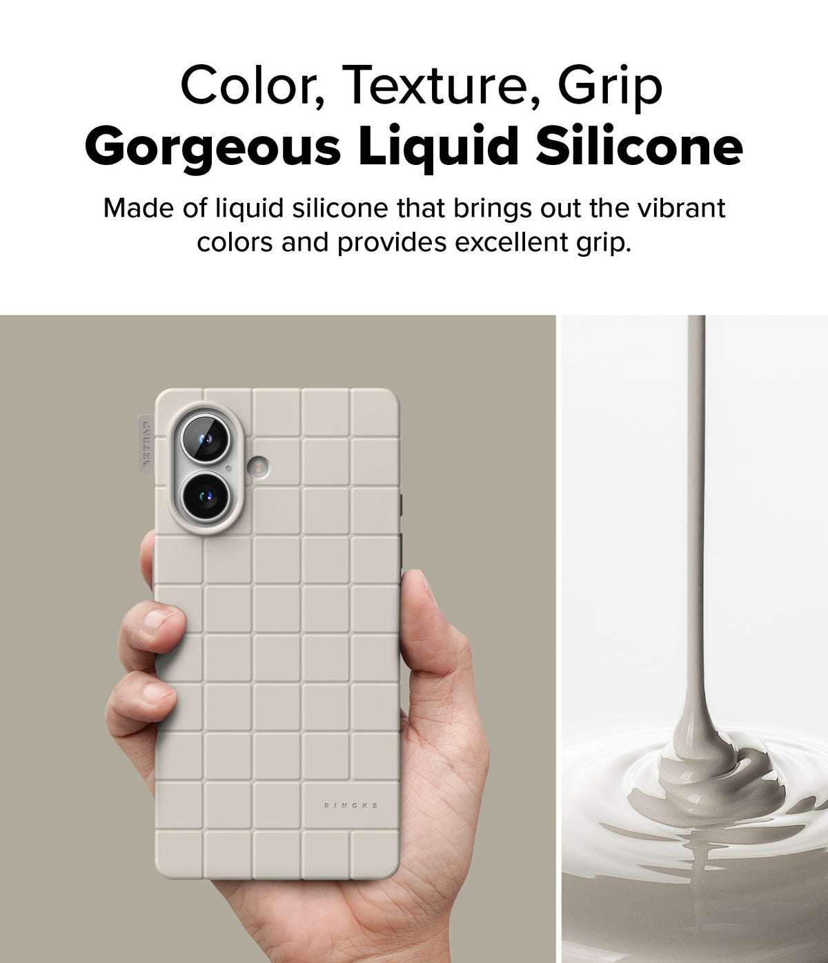 iPhone 16 Case | Bitmap Silicone Magnetic - Hand holding a beige grid-patterned phone case next to pouring liquid silicone.