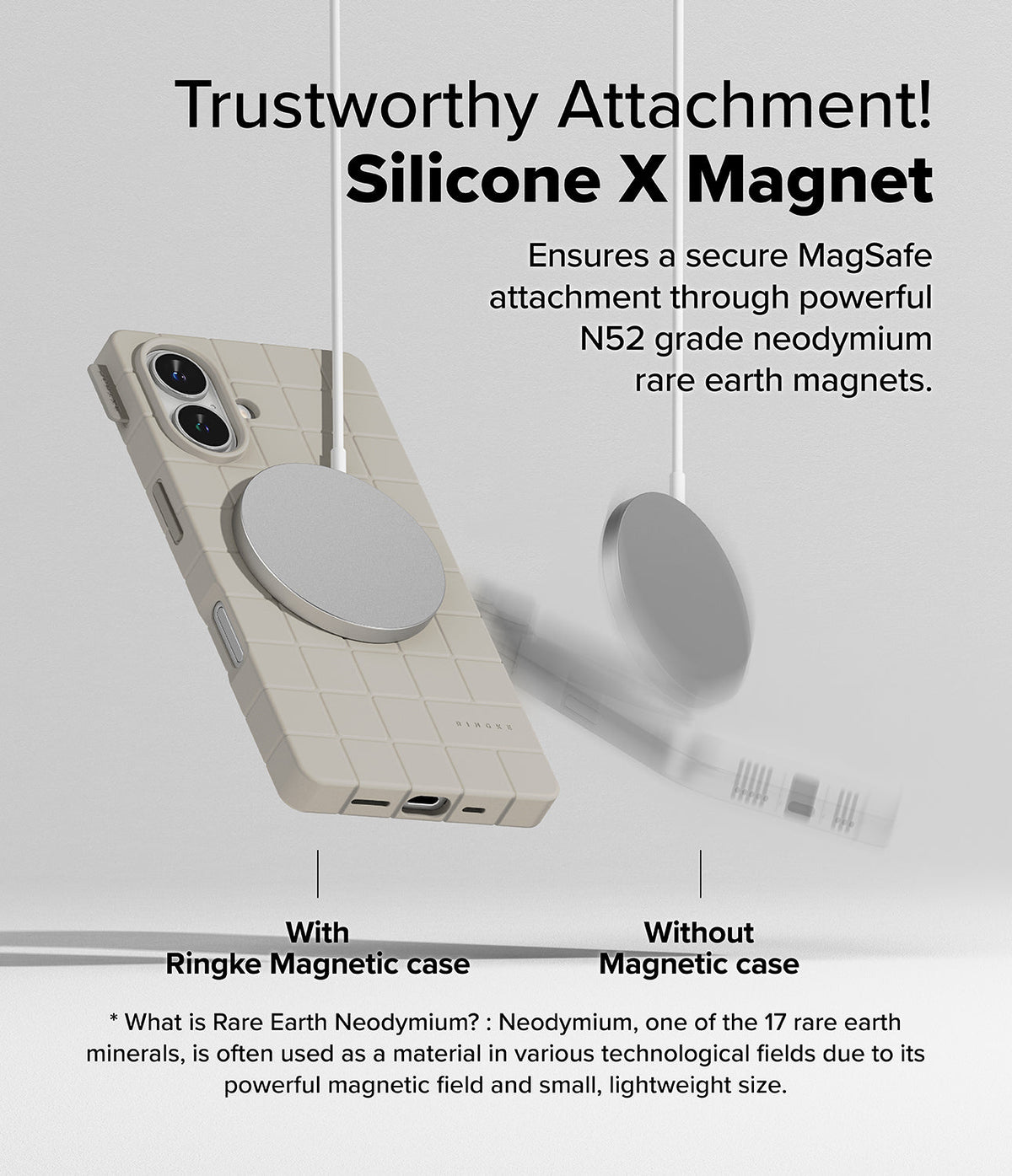 iPhone 16 Case | Bitmap Silicone Magnetic - A beige silicone phone case securely attached to a magnetic charger.
