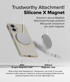 iPhone 16 Case | Bitmap Silicone Magnetic - A beige silicone phone case securely attached to a magnetic charger.