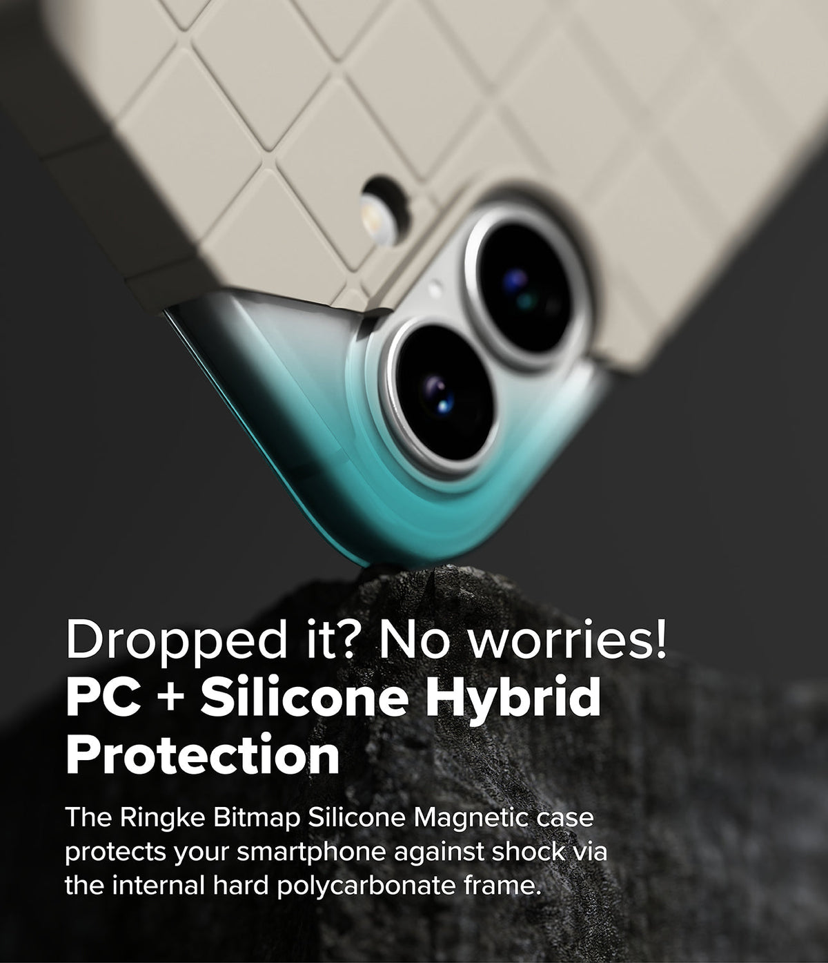 iPhone 16 Case | Bitmap Silicone Magnetic - Beige grid-patterned phone case resting on a dark, textured rock surface.