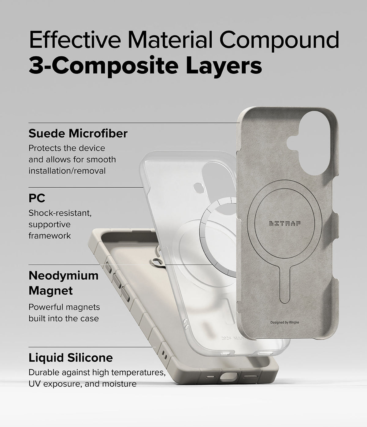 iPhone 16 Case | Bitmap Silicone Magnetic - Exploded view showing suede, PC, magnet, and silicone layers of the case.