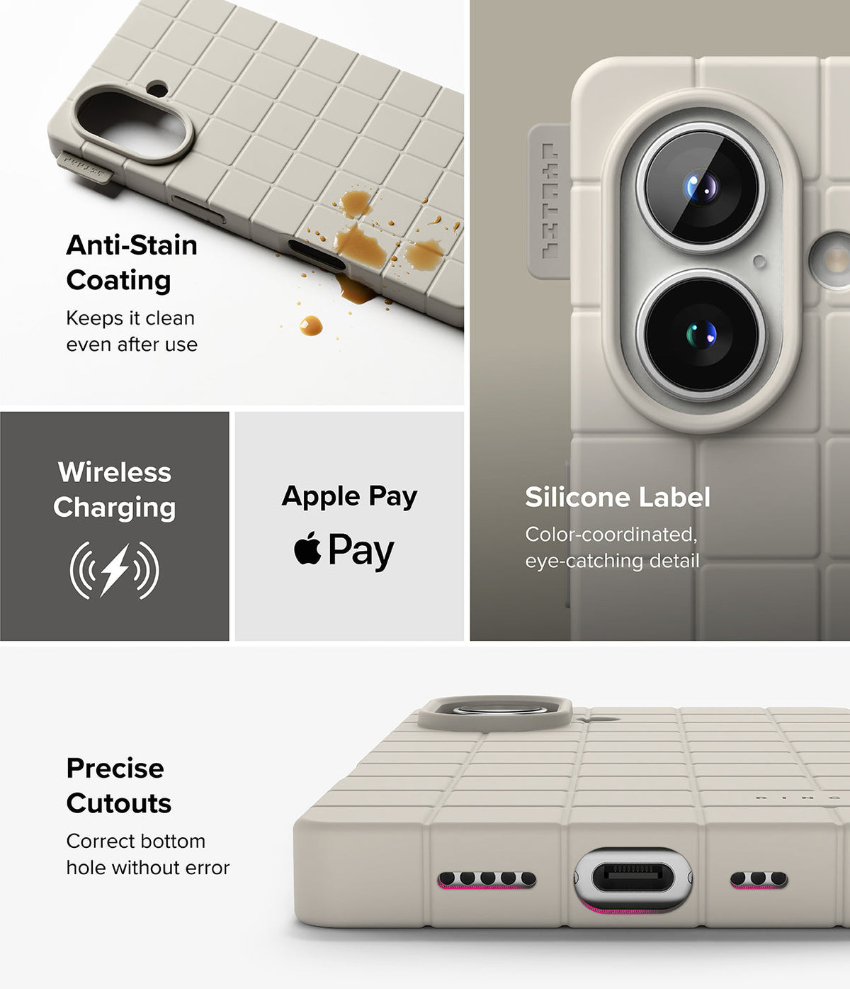 iPhone 16 Case | Bitmap Silicone Magnetic - Beige grid-patterned phone case showing anti-stain coating, camera, and ports.