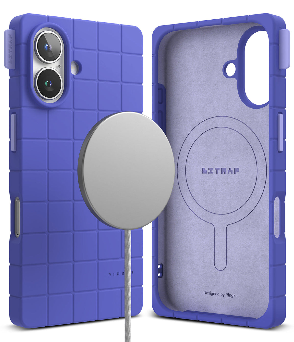 iPhone 16 Case | Bitmap Silicone Magnetic - Purple grid-patterned phone case with magnetic charger and interior view.