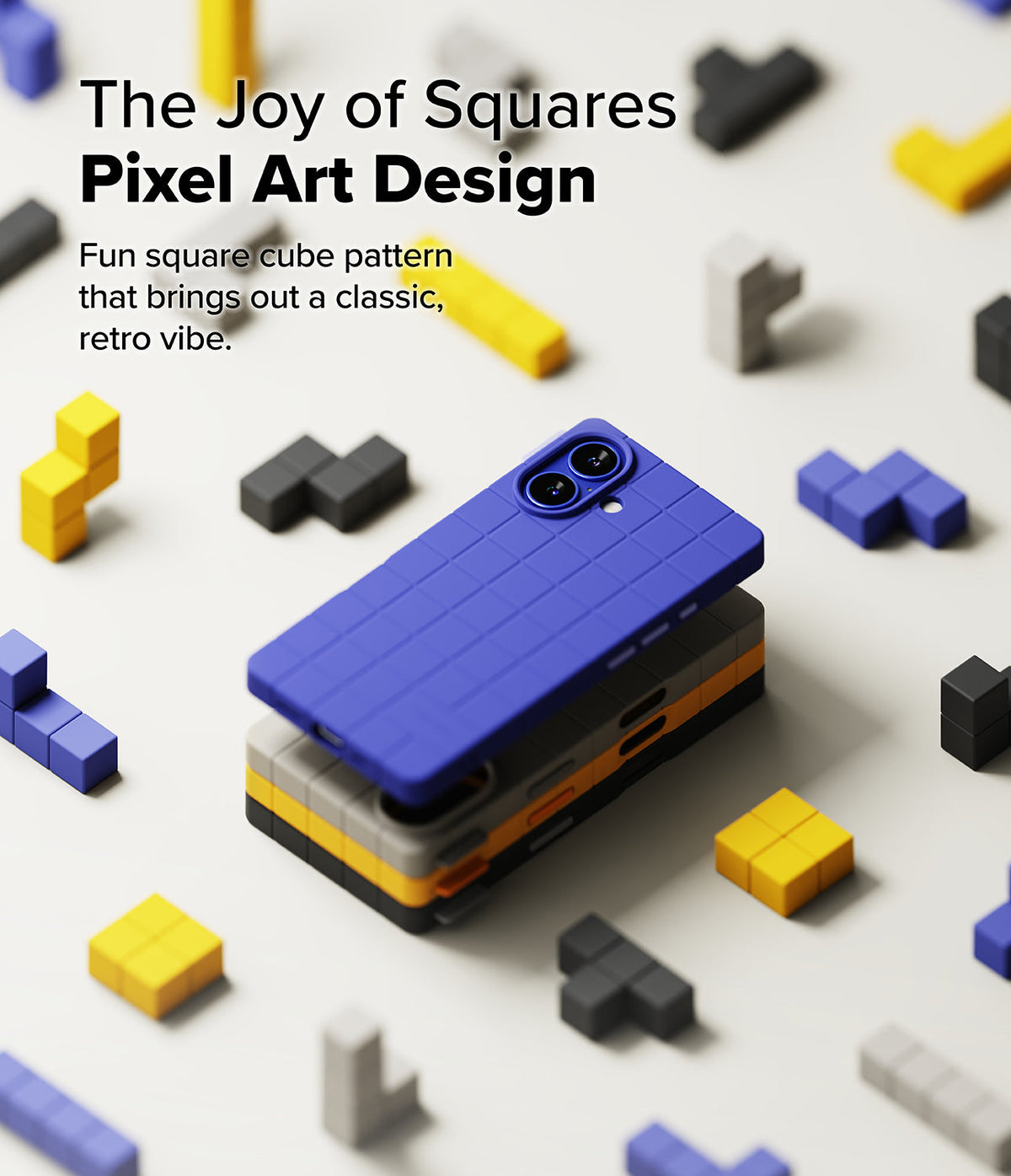 iPhone 16 Case | Bitmap Silicone Magnetic - Stacked blue, grey, and yellow grid-patterned phone cases amid pixel blocks.
