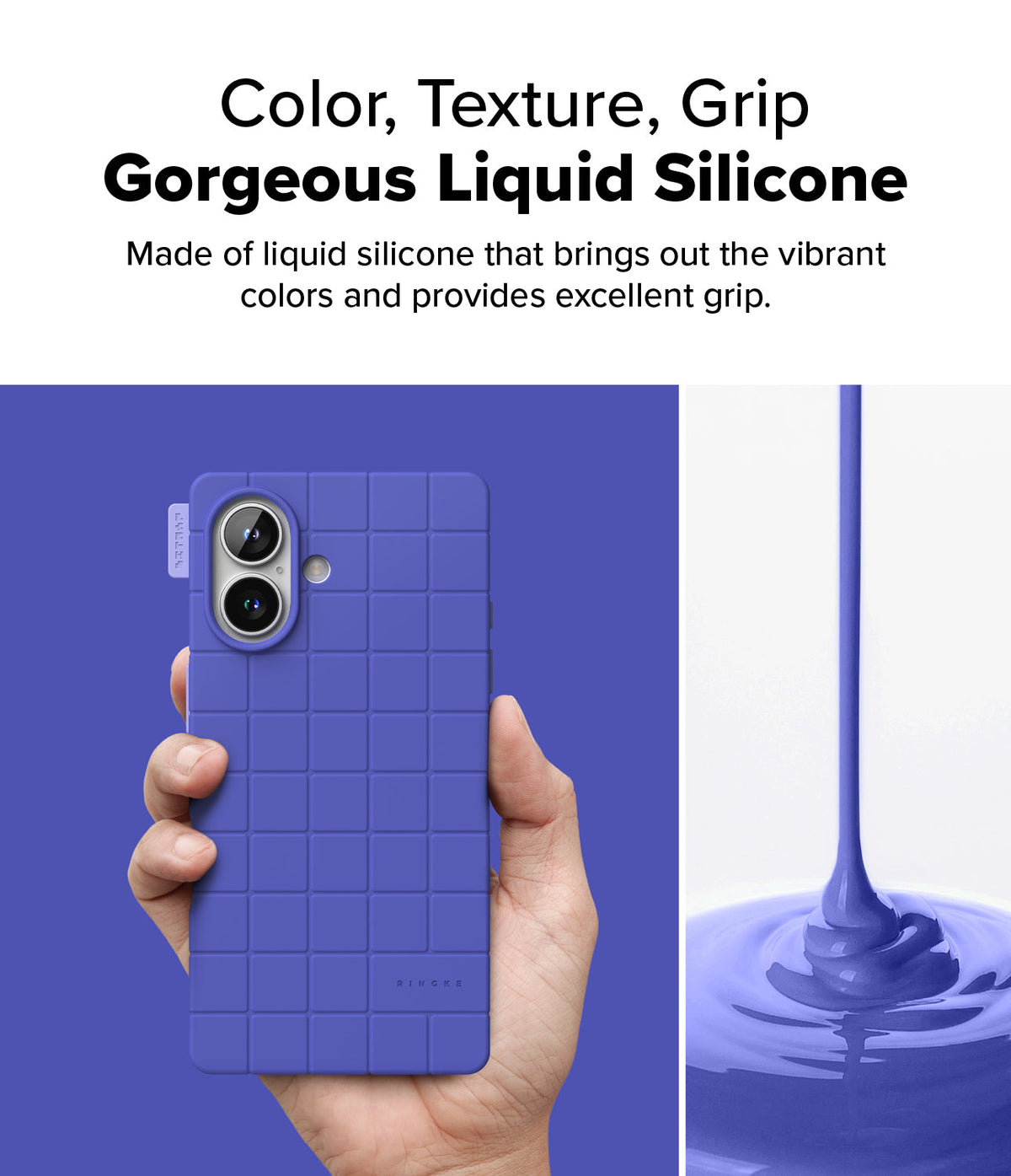 iPhone 16 Case | Bitmap Silicone Magnetic - Hand holding a purple grid-patterned silicone phone case beside liquid.