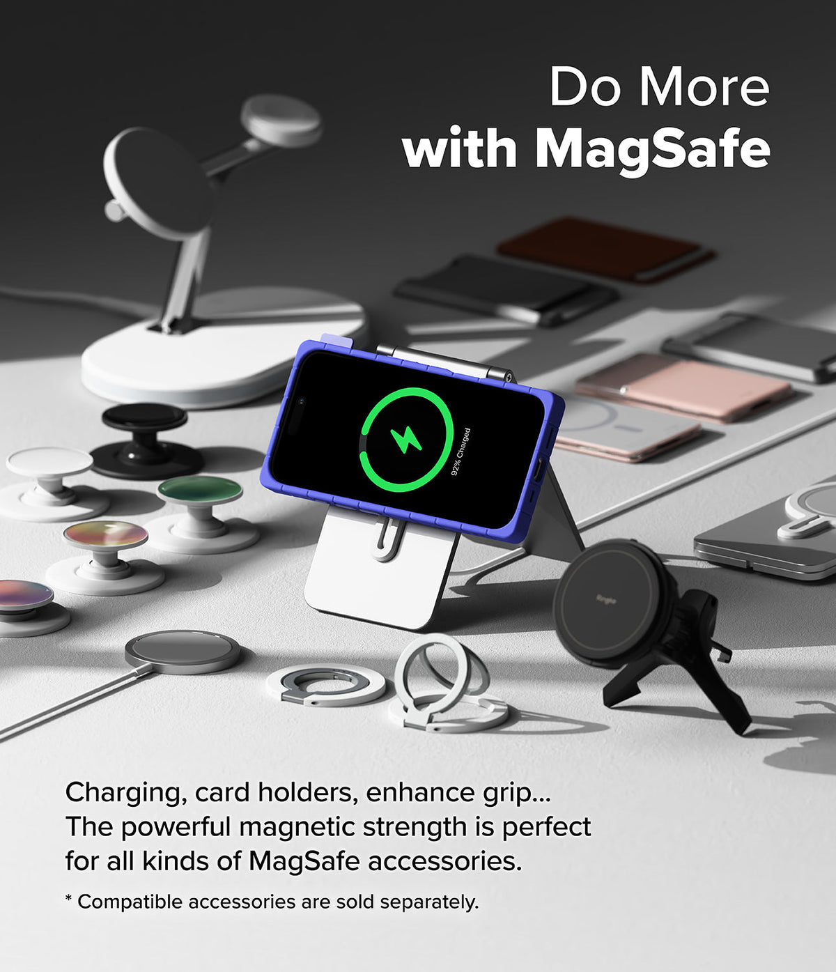 iPhone 16 Case | Bitmap Silicone Magnetic - Purple phone case on a magnetic stand surrounded by various MagSafe accessories.