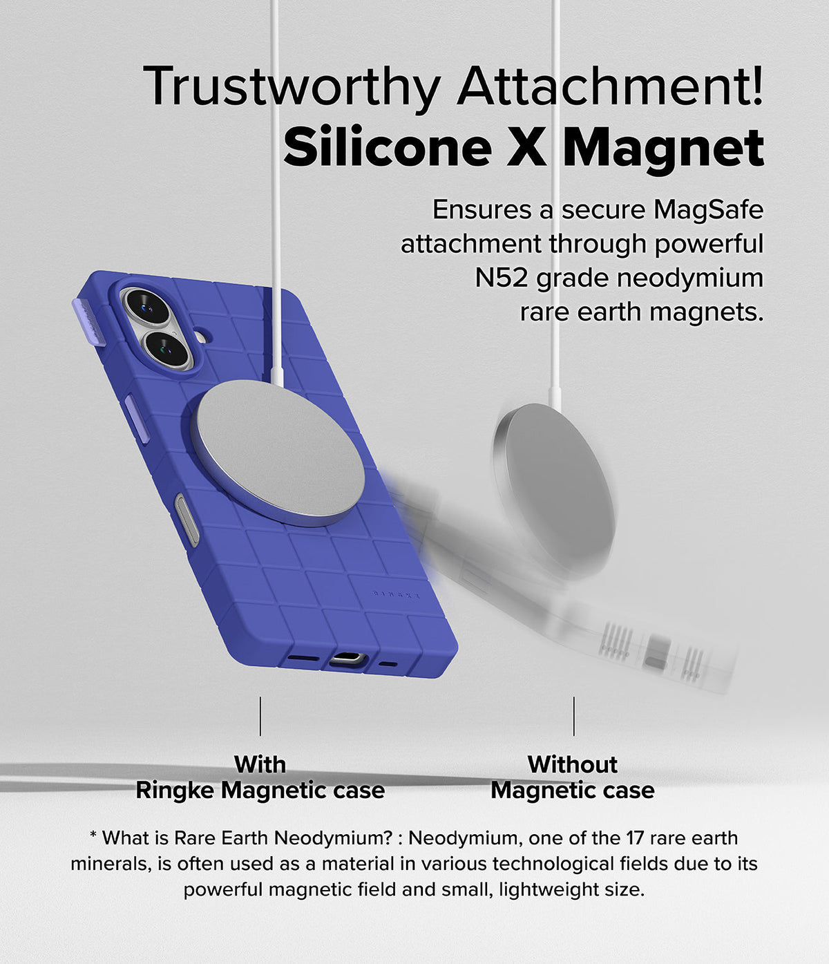 iPhone 16 Case | Bitmap Silicone Magnetic - A blue grid-patterned phone case securely holding a magnetic charger.