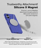 iPhone 16 Case | Bitmap Silicone Magnetic - A blue grid-patterned phone case securely holding a magnetic charger.