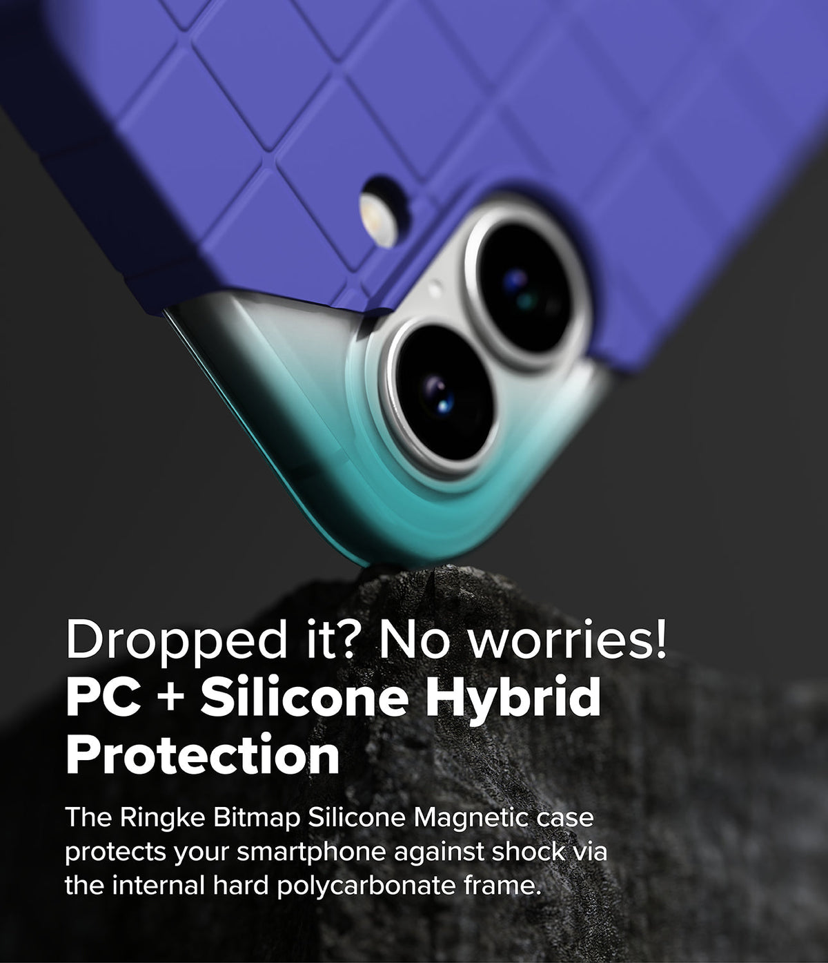 iPhone 16 Case | Bitmap Silicone Magnetic - Purple grid-patterned phone case resting on a rock, highlighting camera lenses.