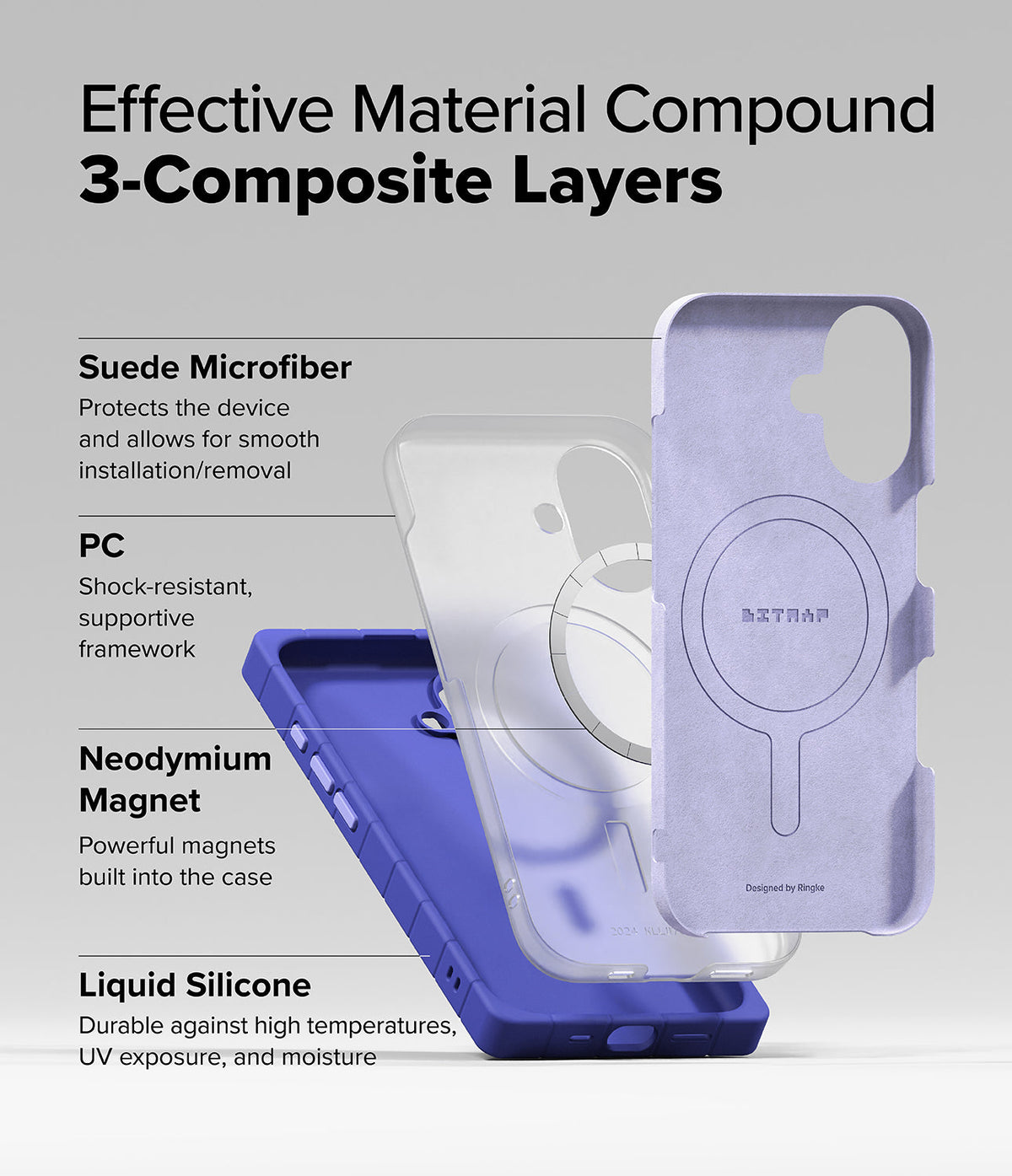 iPhone 16 Case | Bitmap Silicone Magnetic - Exploded view showing three layers: suede microfiber, PC frame with magnets, and liquid silicone.