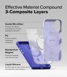 iPhone 16 Case | Bitmap Silicone Magnetic - Exploded view showing three layers: suede microfiber, PC frame with magnets, and liquid silicone.