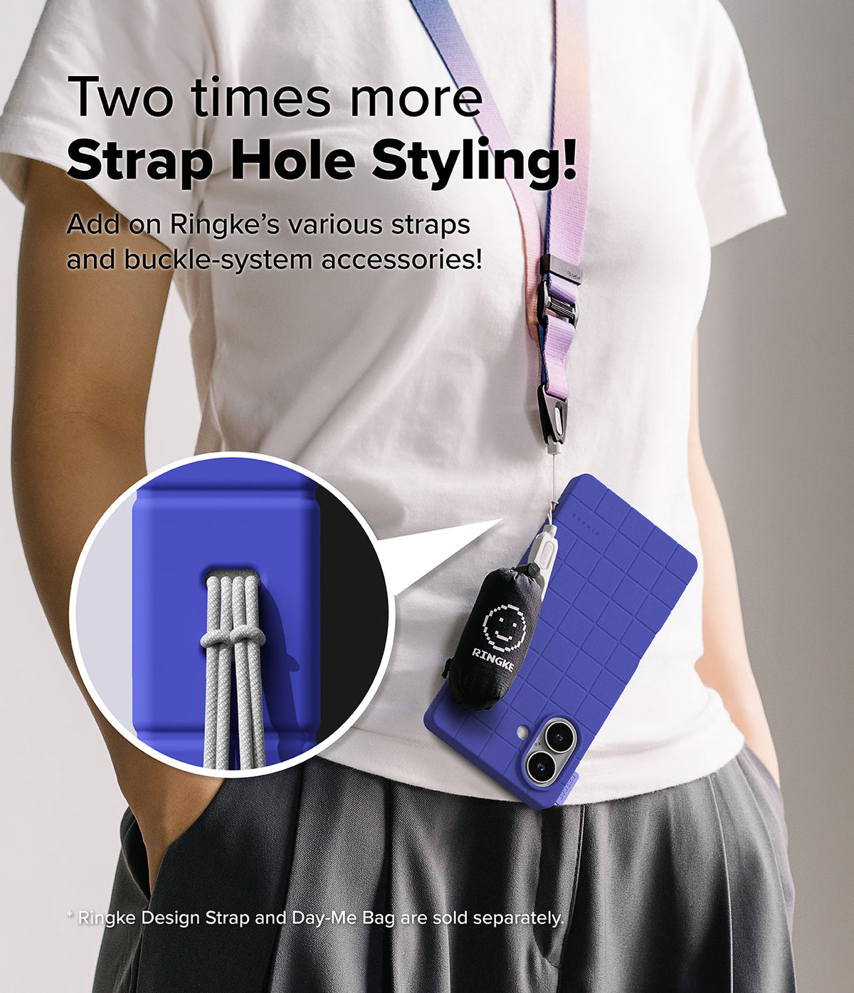 iPhone 16 Case | Bitmap Silicone Magnetic - Person wearing a purple phone case with a strap and smiley face pouch.