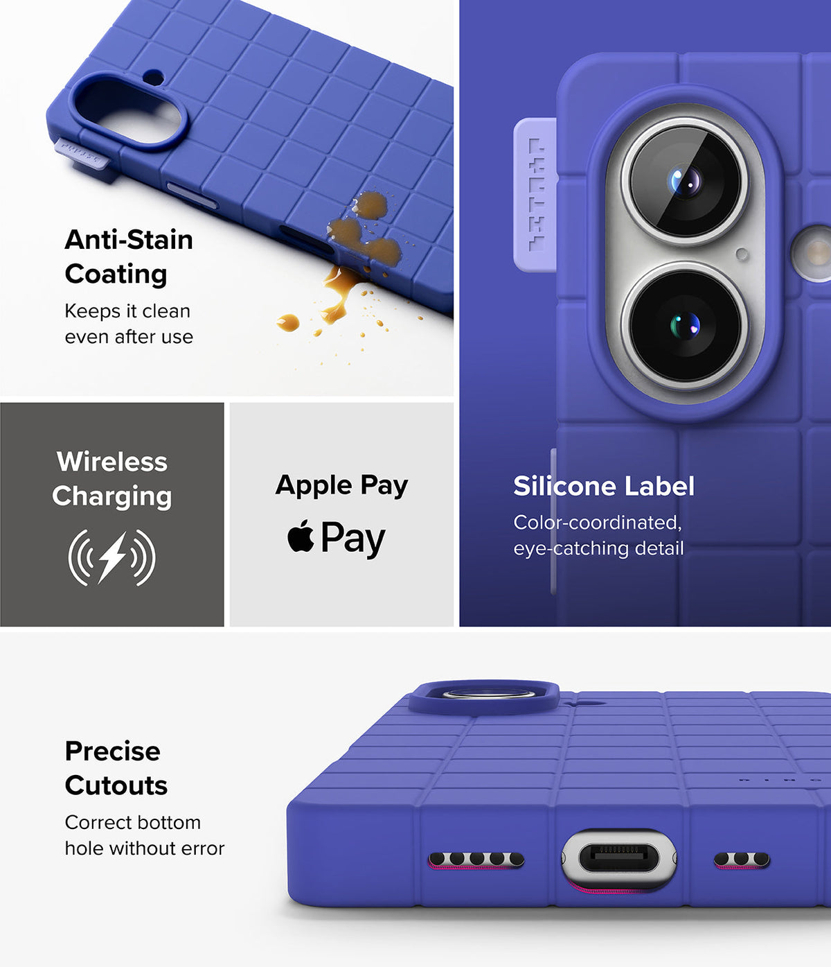 iPhone 16 Case | Bitmap Silicone Magnetic - Blue grid-patterned phone case showing anti-stain coating, camera, and ports.