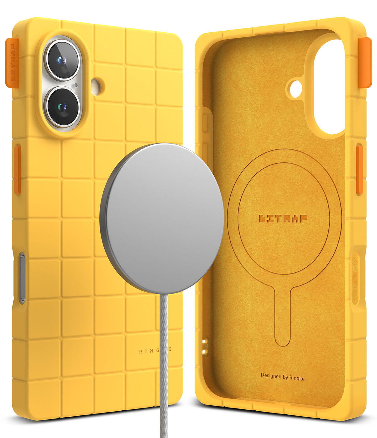 iPhone 16 Case | Bitmap Silicone Magnetic - Yellow grid-patterned silicone case with magnetic charger and interior.