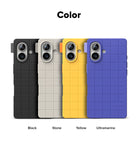 iPhone 16 Case | Bitmap Silicone Magnetic - Four grid-patterned phone cases in black, stone, yellow, and ultramarine.