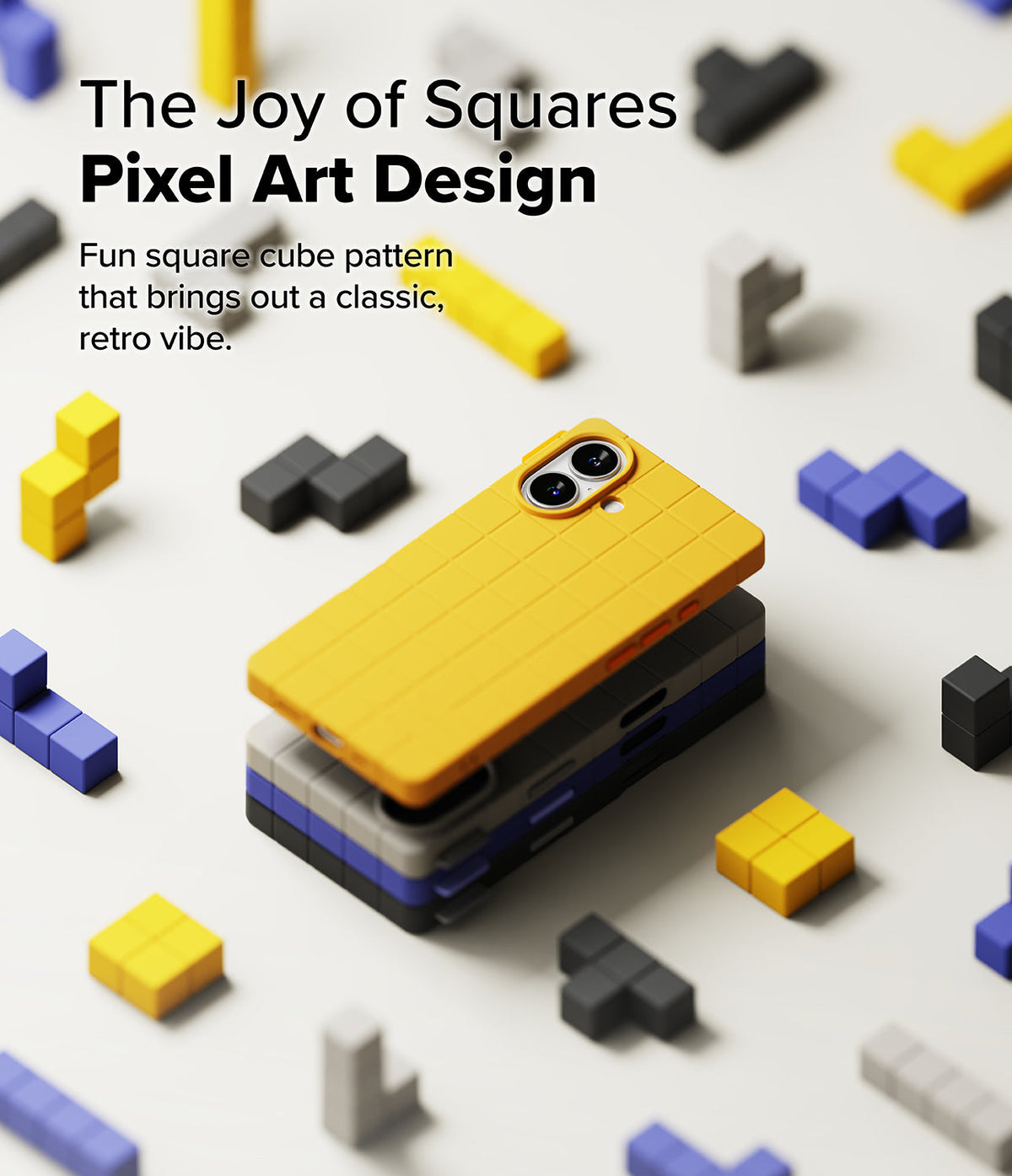 iPhone 16 Case | Bitmap Silicone Magnetic - Yellow grid-patterned phone case stacked on others amidst colorful pixel blocks.