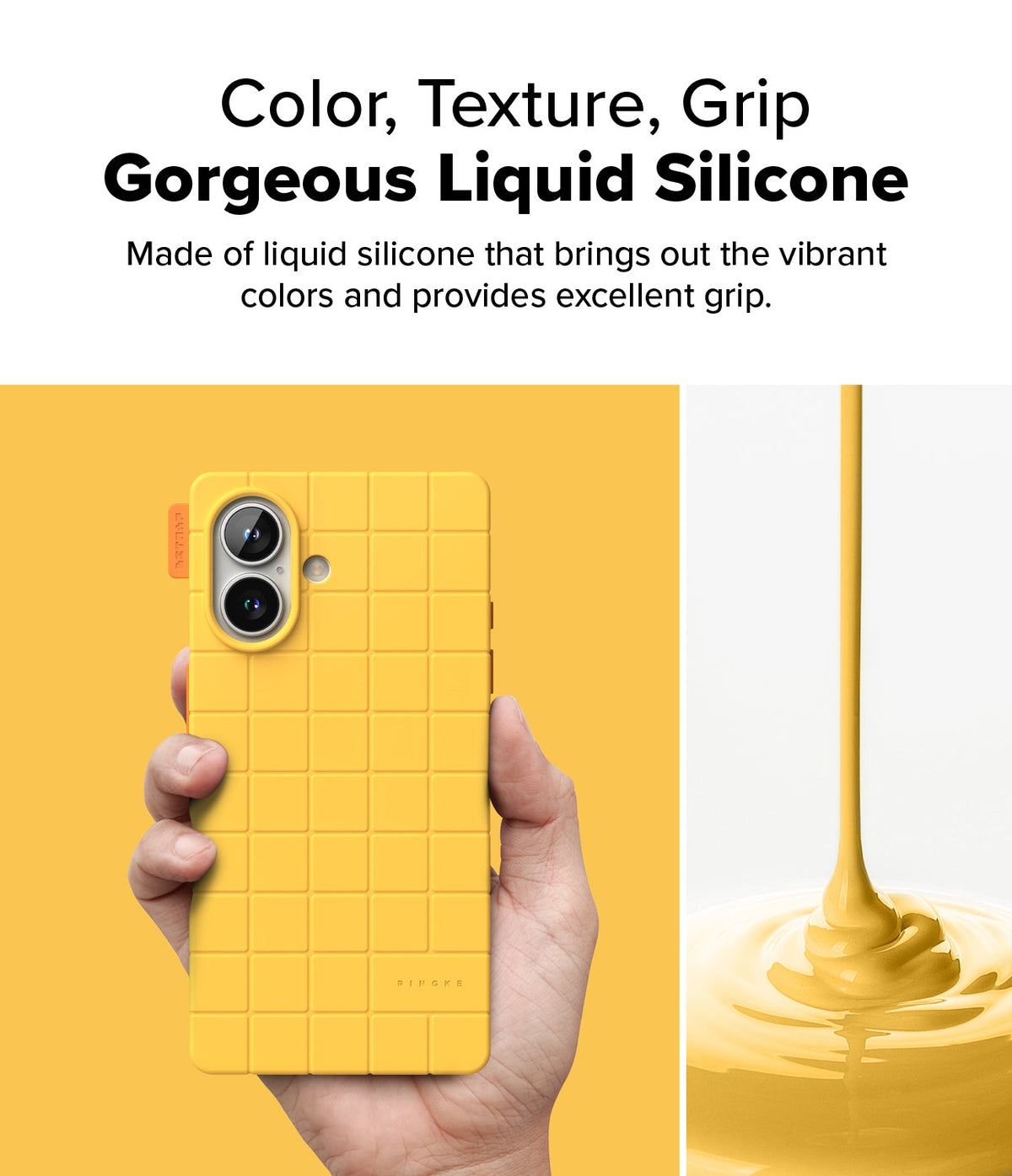 iPhone 16 Case | Bitmap Silicone Magnetic - Hand holding a yellow grid-patterned silicone phone case next to liquid silicone.