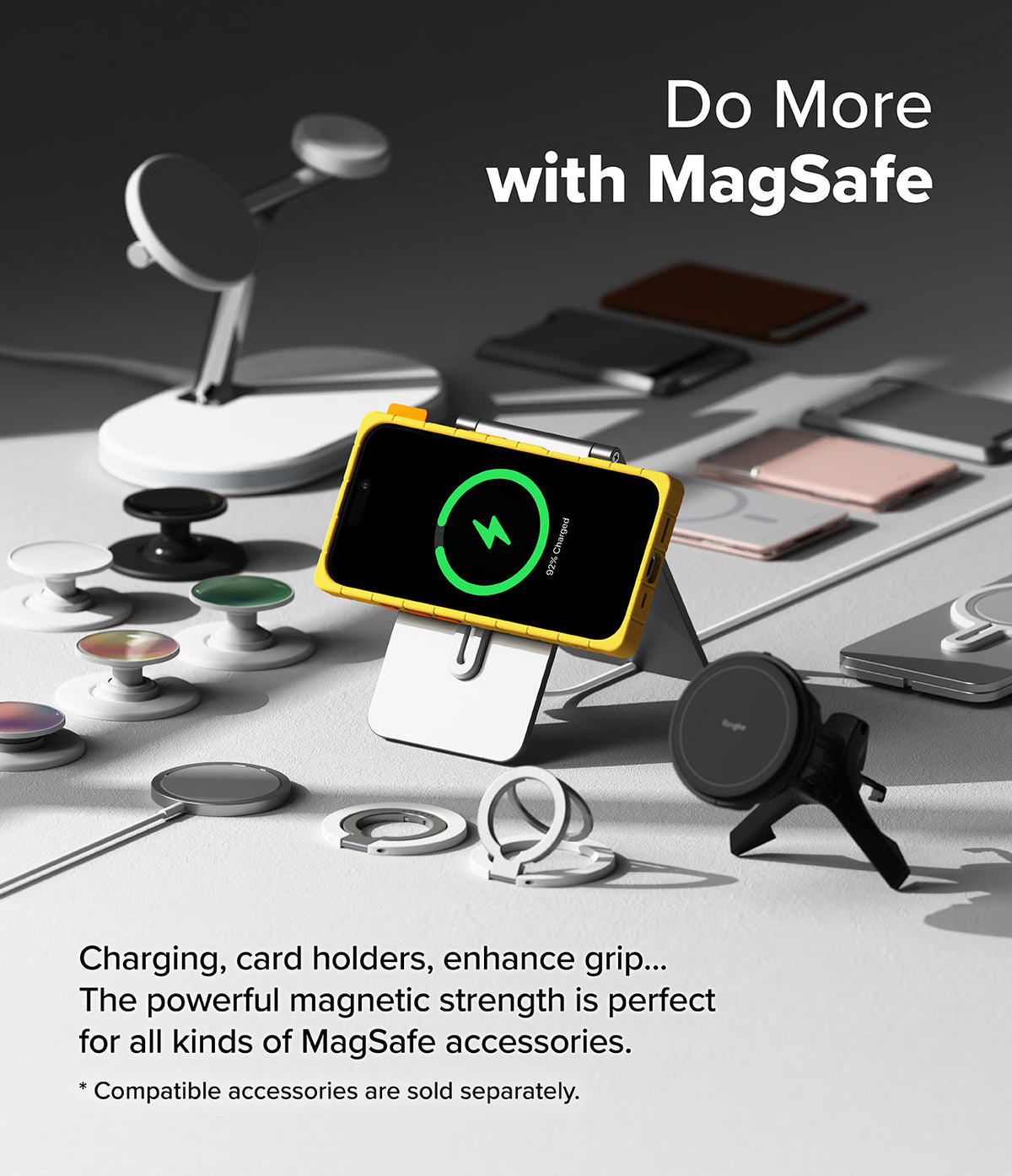 iPhone 16 Case | Bitmap Silicone Magnetic - Yellow iPhone 16 in a magnetic case charging on a stand with various MagSafe accessories.