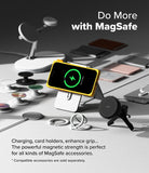 iPhone 16 Case | Bitmap Silicone Magnetic - Yellow iPhone 16 in a magnetic case charging on a stand with various MagSafe accessories.