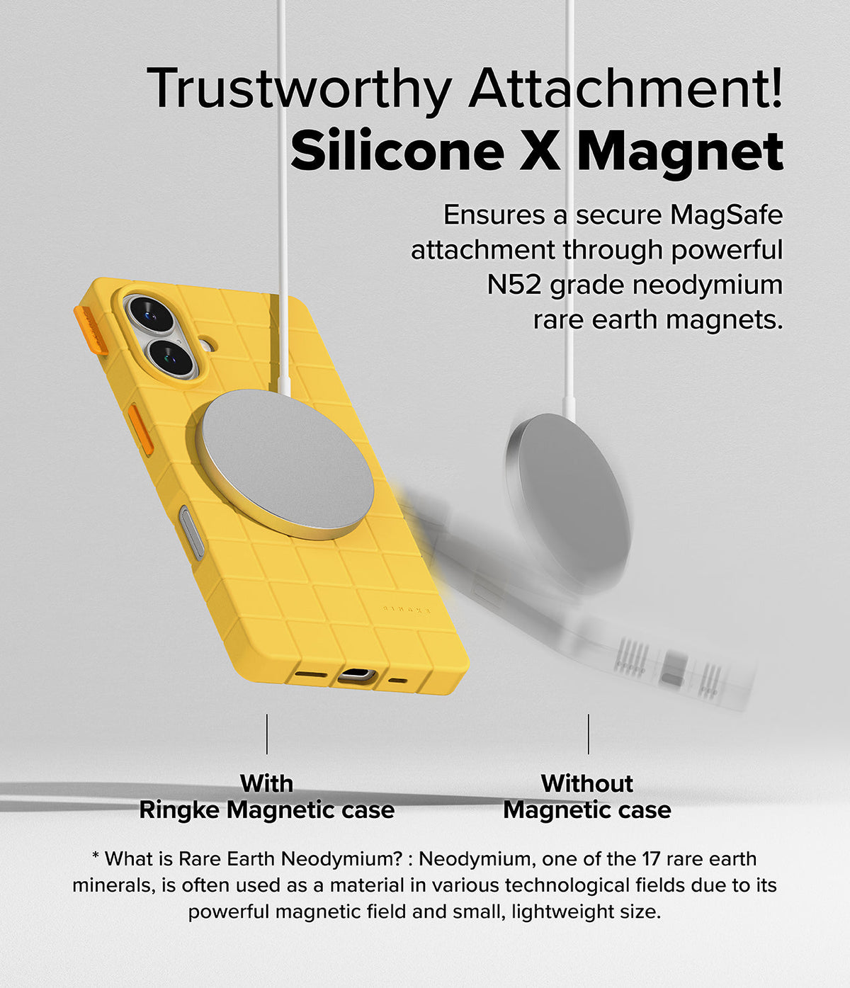 iPhone 16 Case | Bitmap Silicone Magnetic - Yellow grid-pattern phone case magnetically attached to a MagSafe charger.
