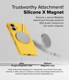 iPhone 16 Case | Bitmap Silicone Magnetic - Yellow grid-pattern phone case magnetically attached to a MagSafe charger.