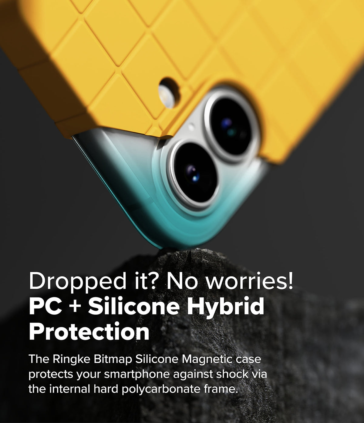 iPhone 16 Case | Bitmap Silicone Magnetic - Yellow grid-patterned silicone case protecting a phone against a rock.