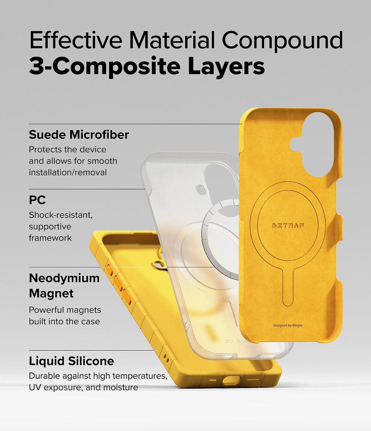 iPhone 16 Case | Bitmap Silicone Magnetic - Exploded view of a yellow phone case showing its three-layer material composition.
