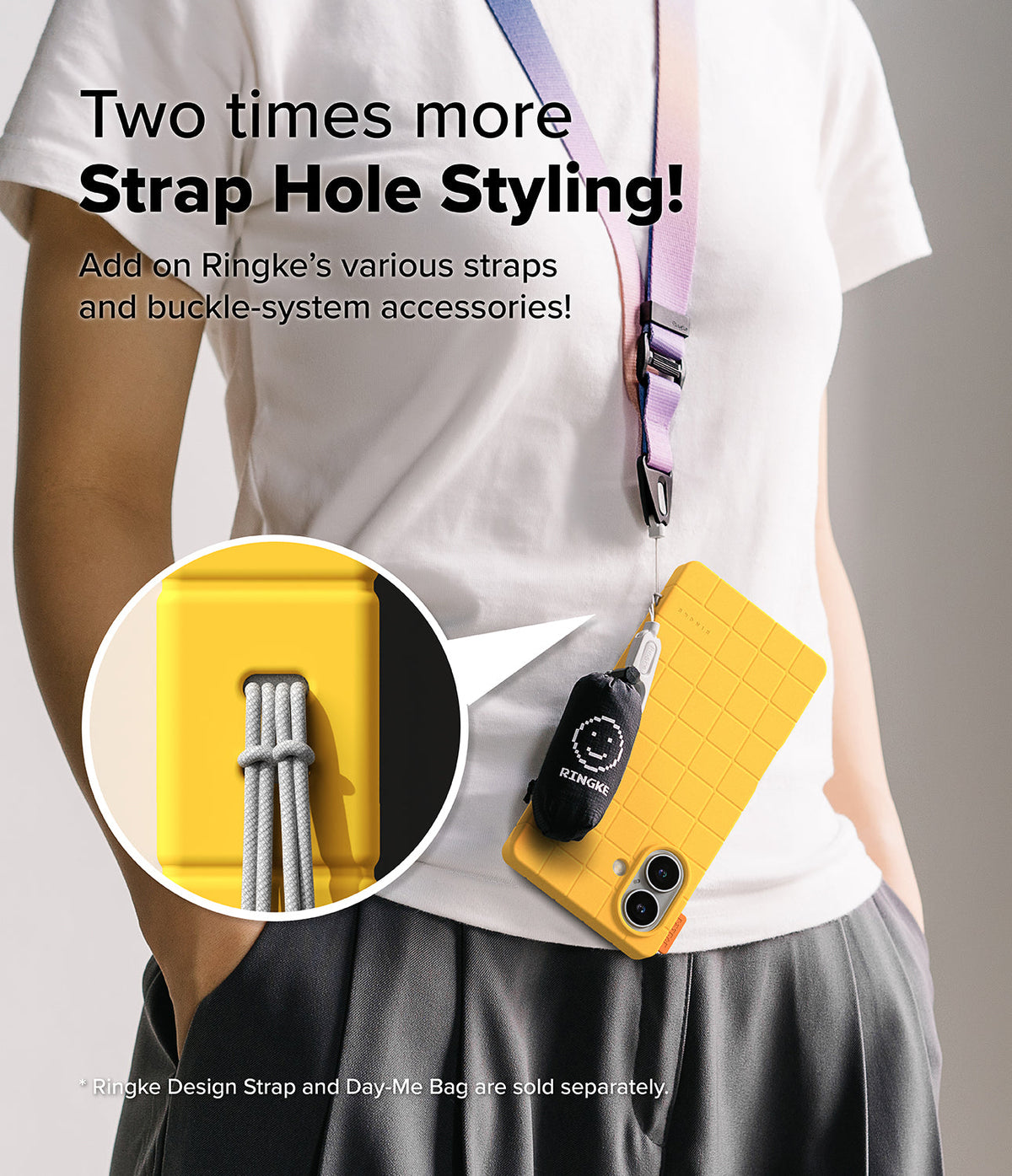 iPhone 16 Case | Bitmap Silicone Magnetic - Yellow phone case with strap holes, worn with a lanyard and small bag.